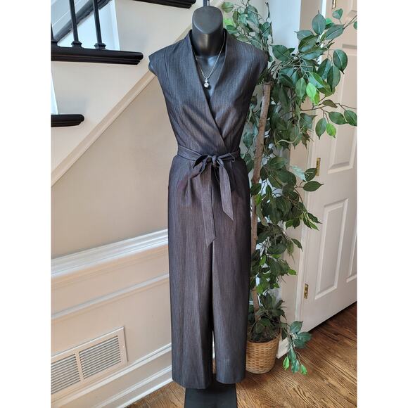 Calvin Klein Jumpsuit Women Size 4 Gray Sleeveless Belted V Neck Career Wear - Picture 1 of 14